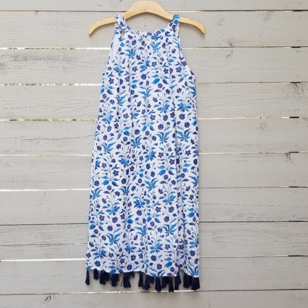 NWT Voloshin Paradise Tassel Boho Floral Shift Dress Blue White Small - Picture 8 of 8